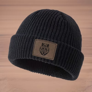 Leather Knitted Beanie with a Black Wolf Head Pattern